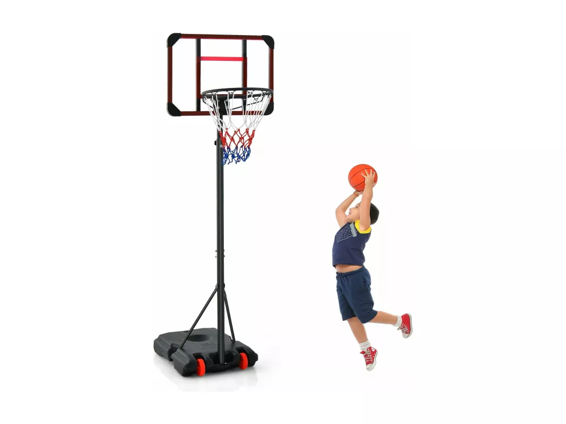 Panier de Basket-Ball sur Pied, Ensemble de Basketball Portable avec Rangement pour Ball et Roues, Exterieur Interieur pour Enfants/Adultes (75 x 50 x 193-248 cm)