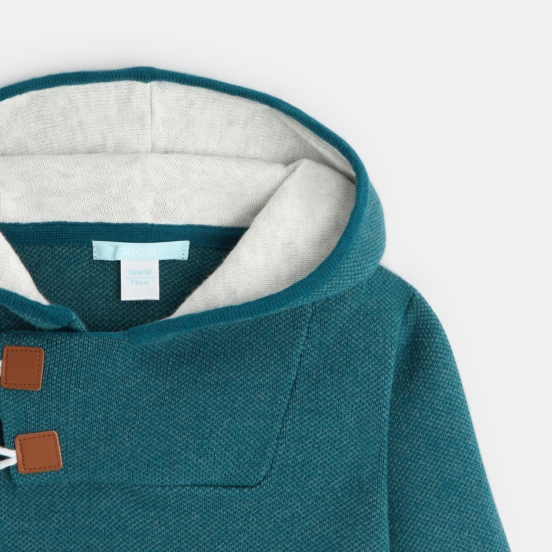 Pull col boutonné à capuche vert bébé garçon