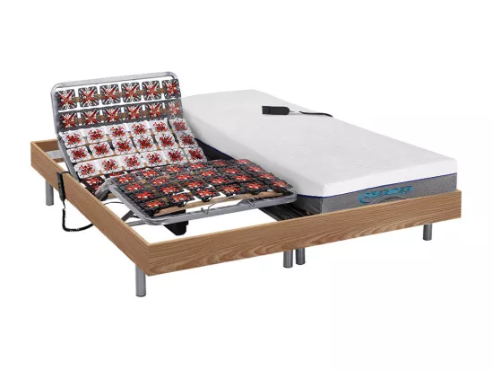 Lit électrique de relaxation tout plots + matelas mémoire de forme - 2 x 80 x 200 cm - Chêne - HESIODE III de YSMÉE