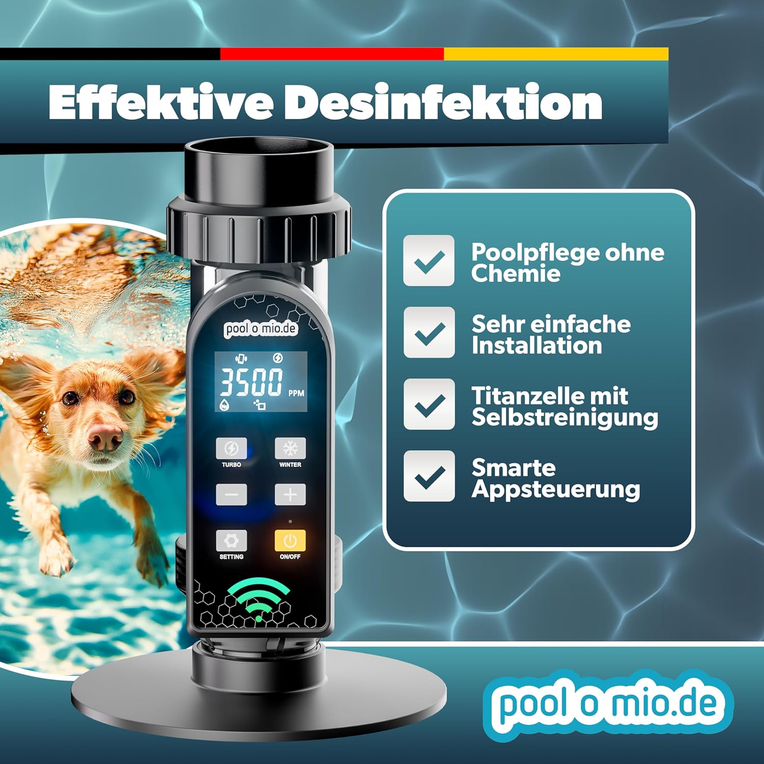 Poolomio® Chlorinator Pool bis 110.000L | Salzelektrolysegerät 25g/h mit Smarter App-Steuerung & Titanzelle | Salzanlage zur chemiefreien Wasserpflege | Pool Salzwassersystem mit Dosierautomatik