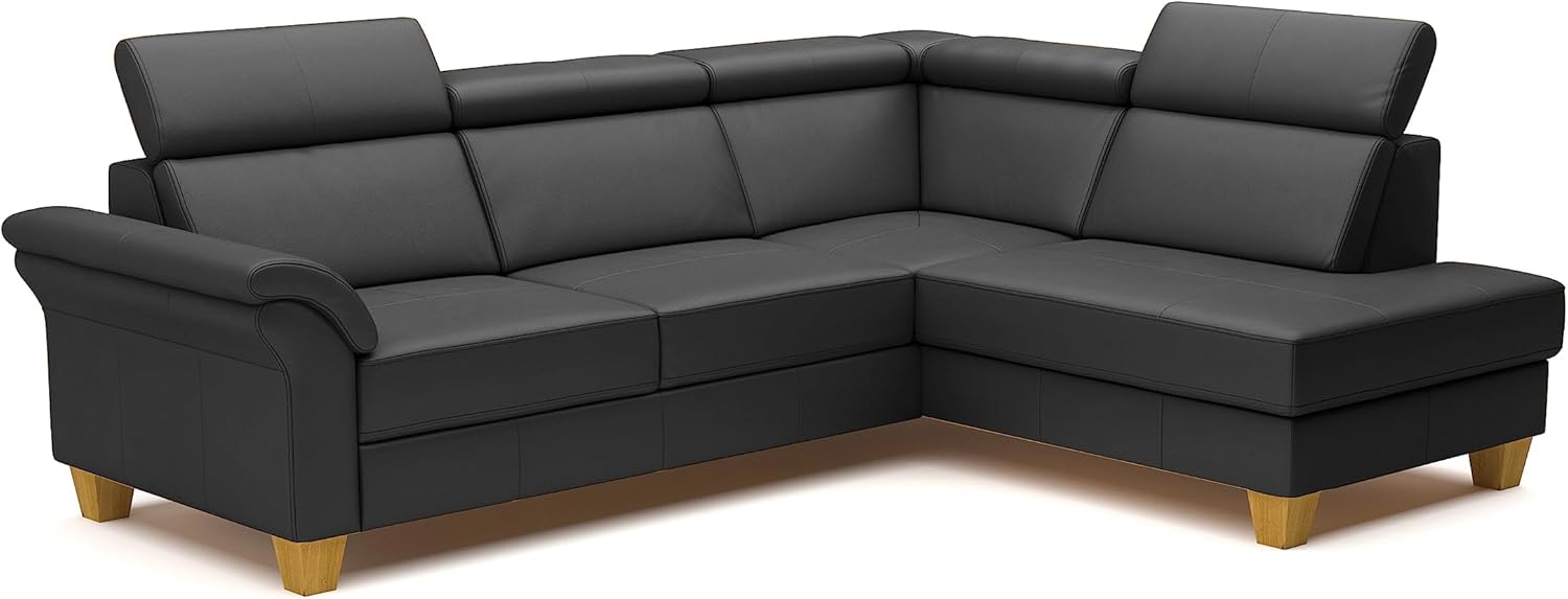 CAVADORE Leder-Ecksofa Ammerland mit Ottomane / Landhaus-Sofa mit Federkern + Kopfteilverstellung / 245 x 84 x 194 / Leder Schwarz