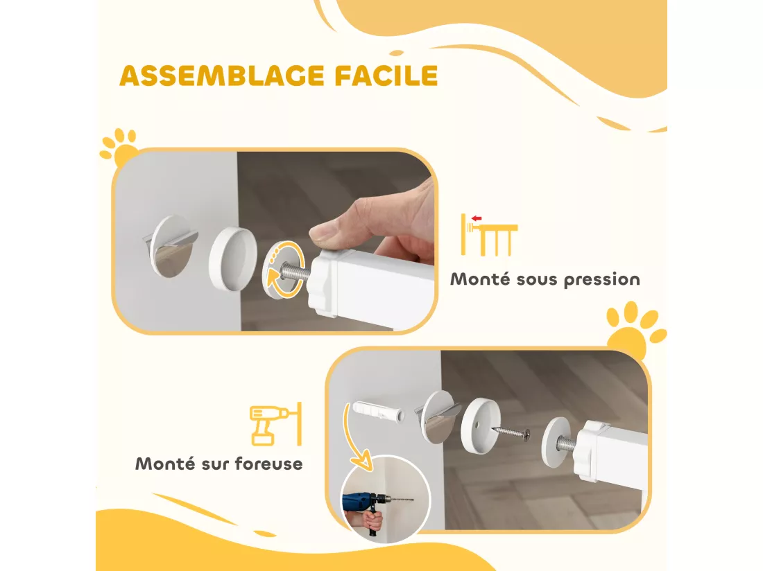 Barrière de sécurité pour chien - barrière à pression ajustable - 2 portes verrouillables - acier blanc