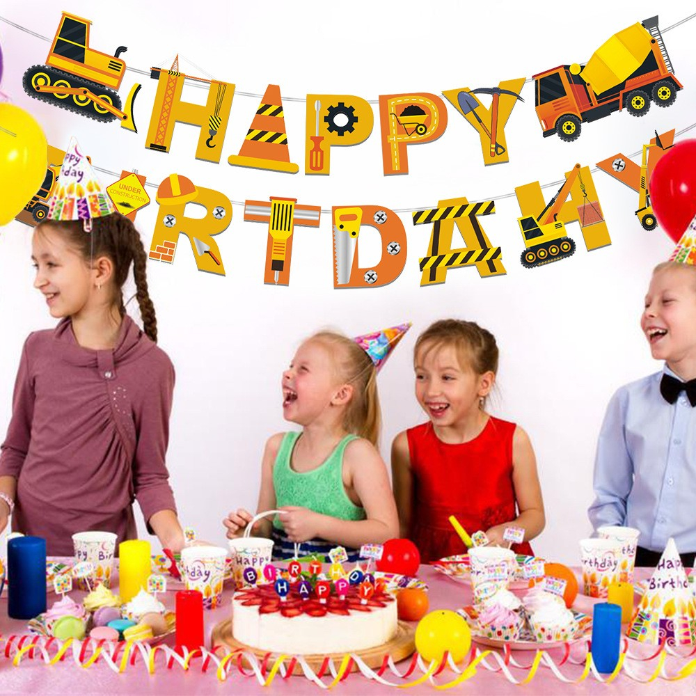 (82-tlg. Set) Happy Birthday Girlande Lastwagen Kinder Geburtstags Party Deko   Latex- & Folienballons / Kuchenstecker - Gelb / Orange