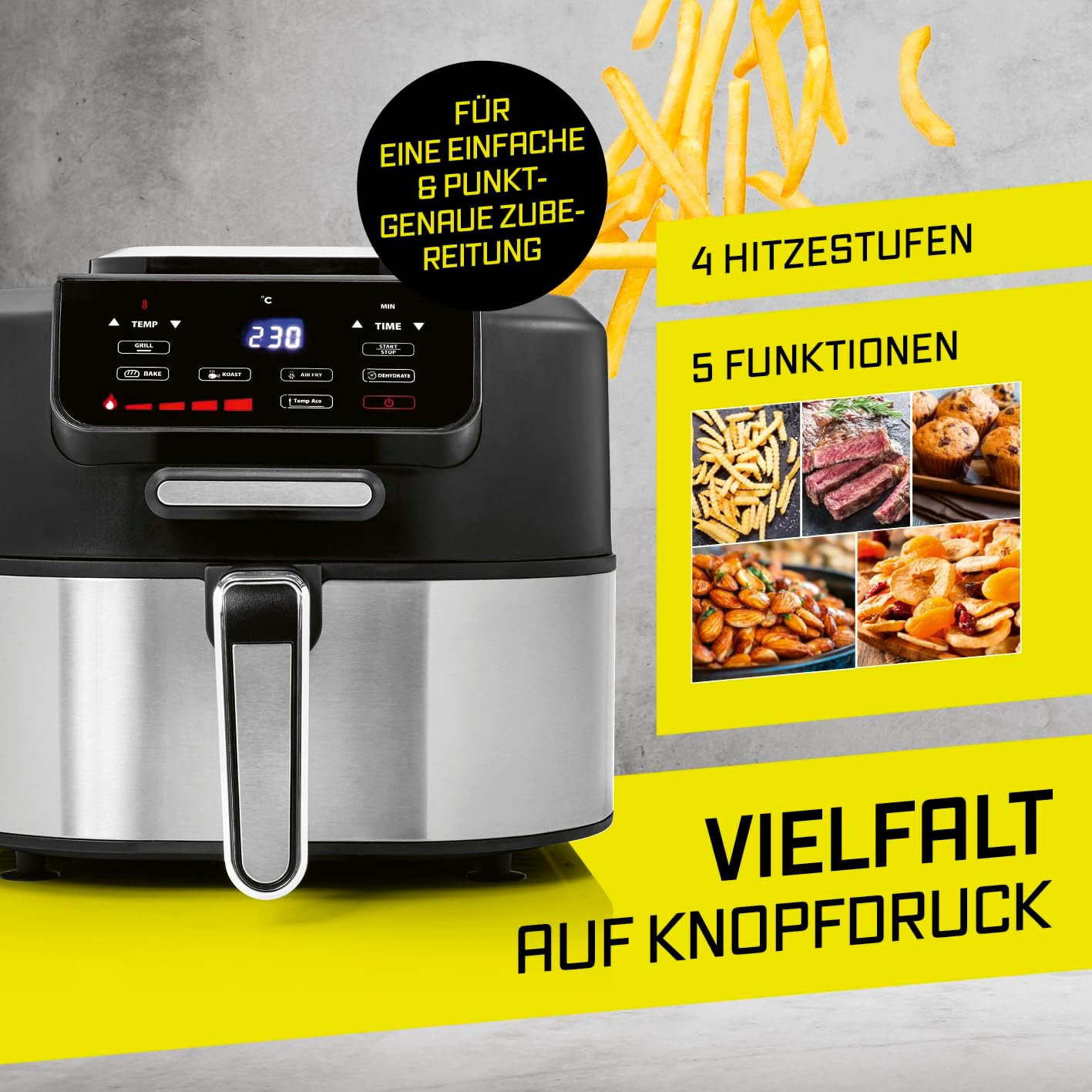 GOURMETmaxx Heißluftfritteuse FryBBQ | Airfryer mit Ober-/Unterhitze | 5 L Multikocher Heissluftfritteuse mit 5 Modi inkl. Dörren | 2in1: Fritteuse & Grill – mit Aludruckguss-Rost & Grillthermometer
