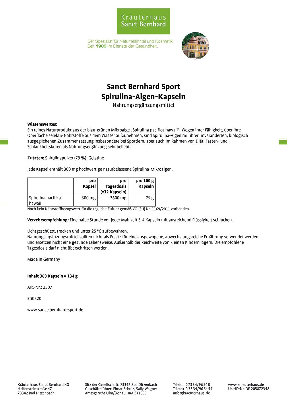Sanct Bernhard Sport Spirulina-Algen-Kapseln