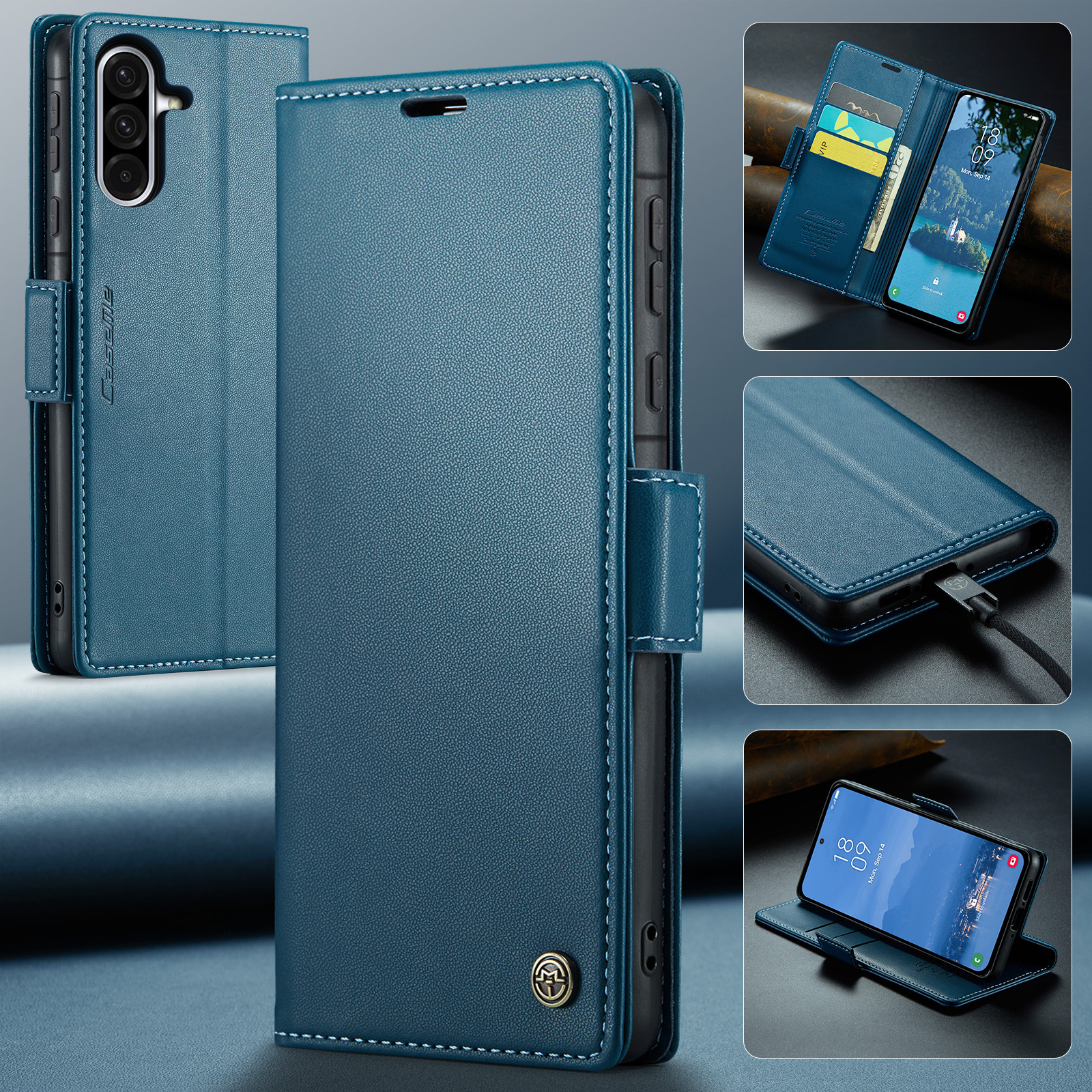 Samsung Galaxy A56 Leder Tasche Flip Wallet Etui mit Kartenfächern Litchi Look (RFID Schutz) - Blaugrün