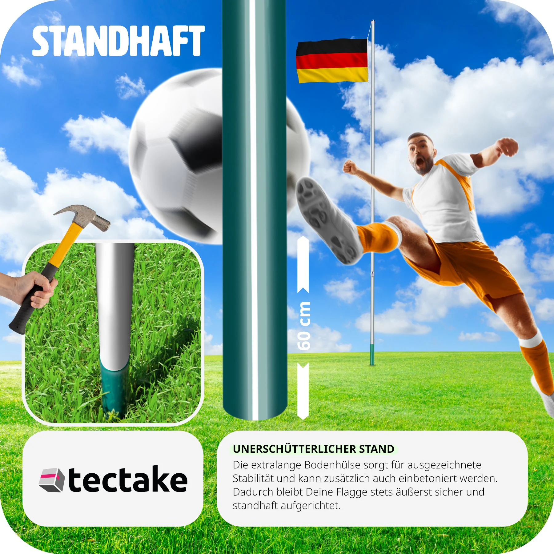 tectake® Fahnenmast, aus Aluminium, 6,25 m, inklusive Seilzug und Bodenhülse