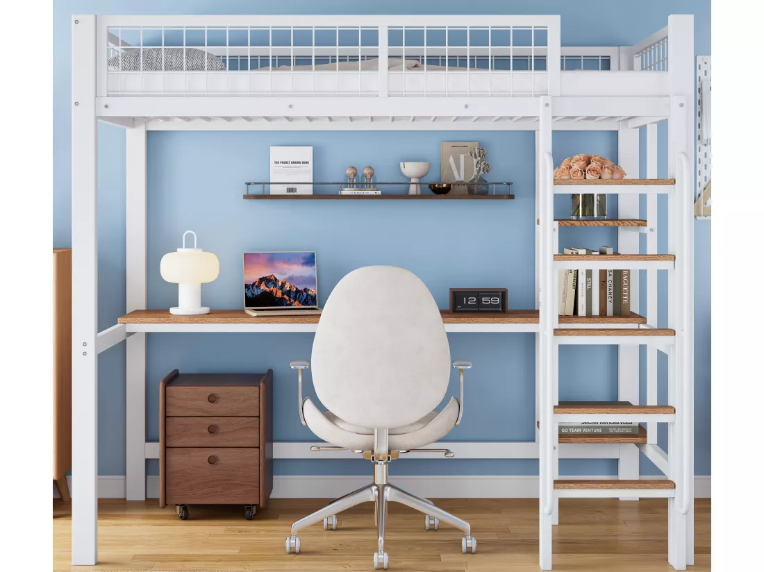Lit mezzanine 90x200cm - avec table et étagère - avec échelle 5 marches - avec grille anti-chute - métal + MDF - blanc (sans matelas)
