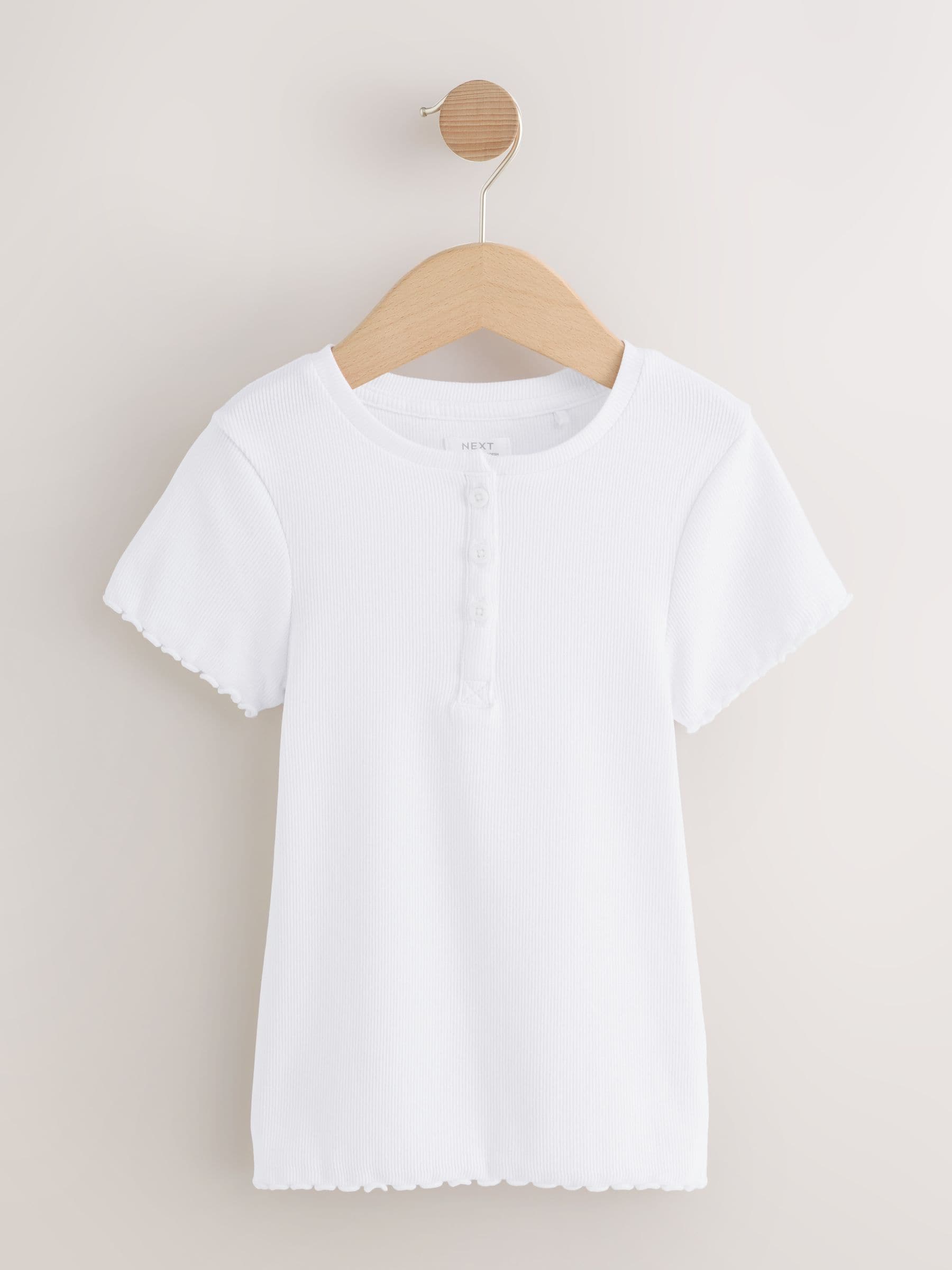 Wit - Geribbeld T-shirt met knopenlijst (3-16 jr)
