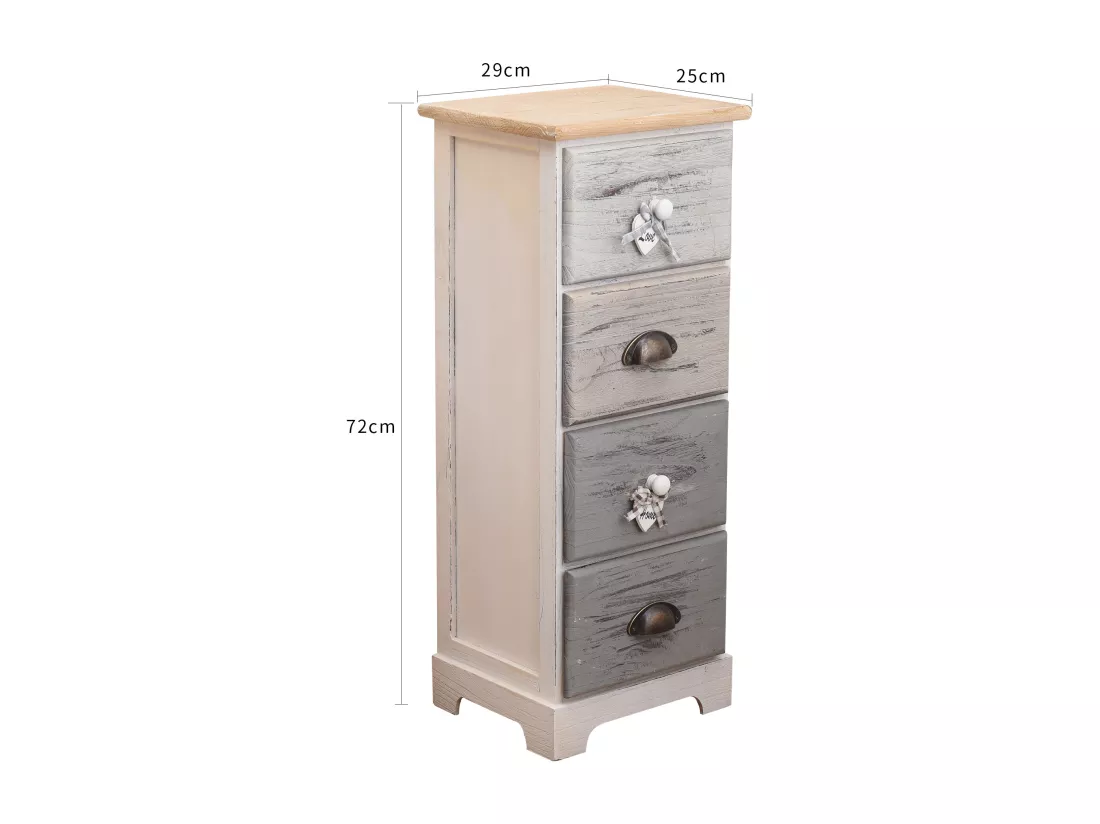Chiffonnier Chevet 4 Tiroirs Bois Blanc Gris Shabby 72x29x25