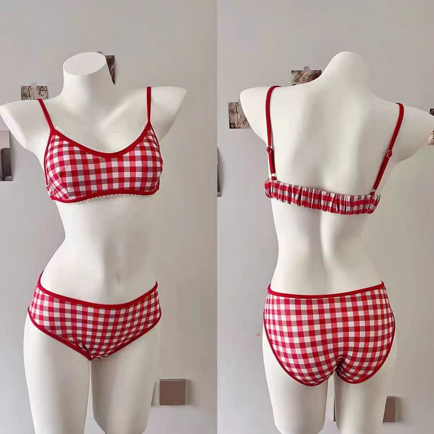 Honolulu - Geruite bikini / Camisole top met geborduurde letters en strik / Mini-kokerrok met hoge taille / Set