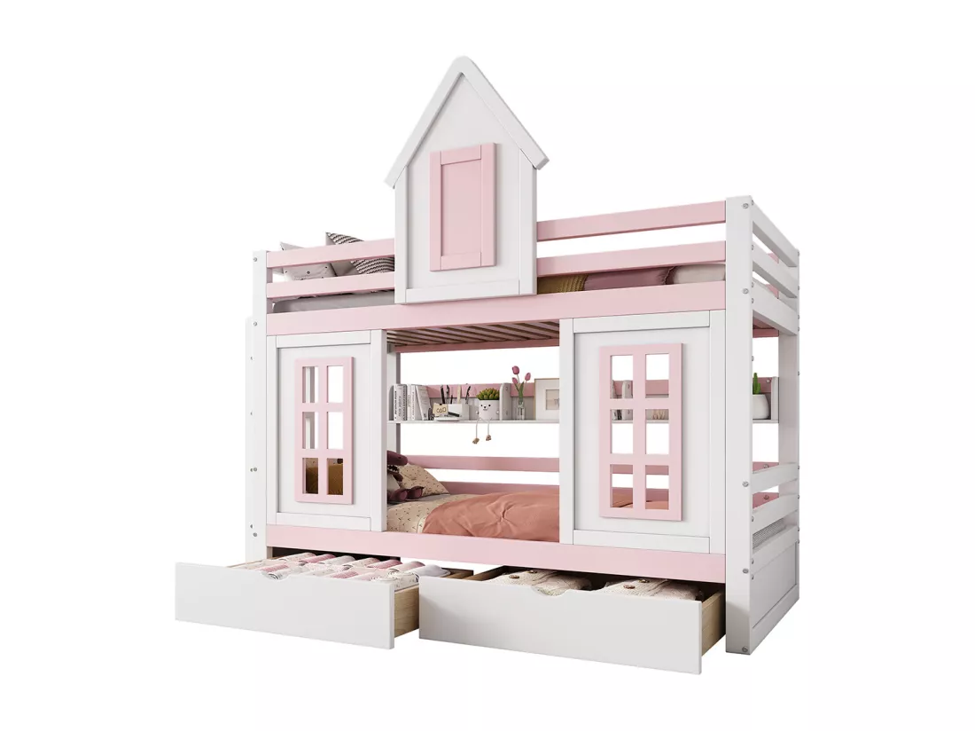 Lit superposé pour enfants avec toit, fenêtre, barrières de sécurité, deux tiroirs sur roulettes, étagères ouvertes, blanc + rose