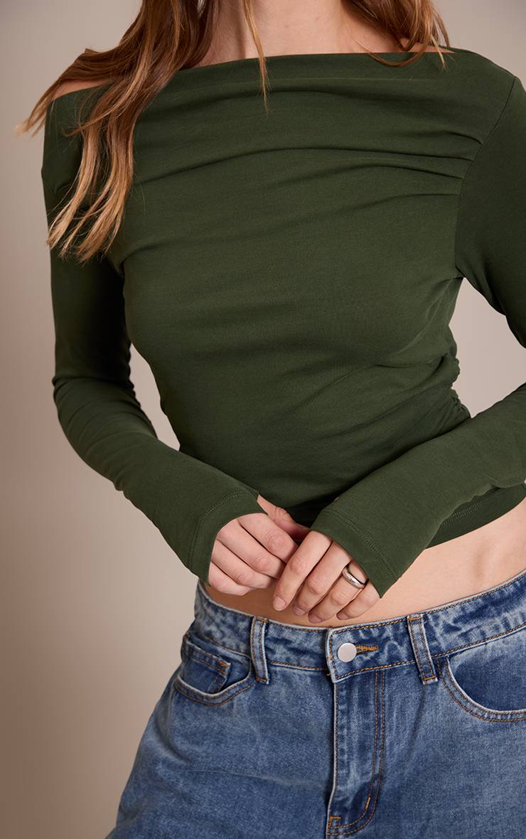 Dark Khaki Haut Asymétrique Froncé À Manches Longues En Coton Doux