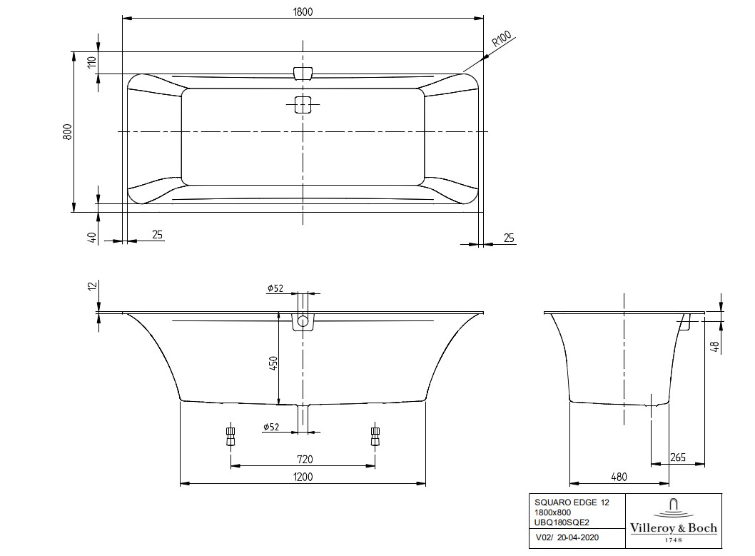 Villeroy & Boch Squaro Edge inbouw ligbad 180x80cm wit rechthoekig