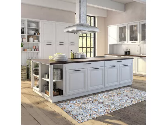tapis cuisine 50x150 en PVC bleu et gris motif géométrique PKIT
