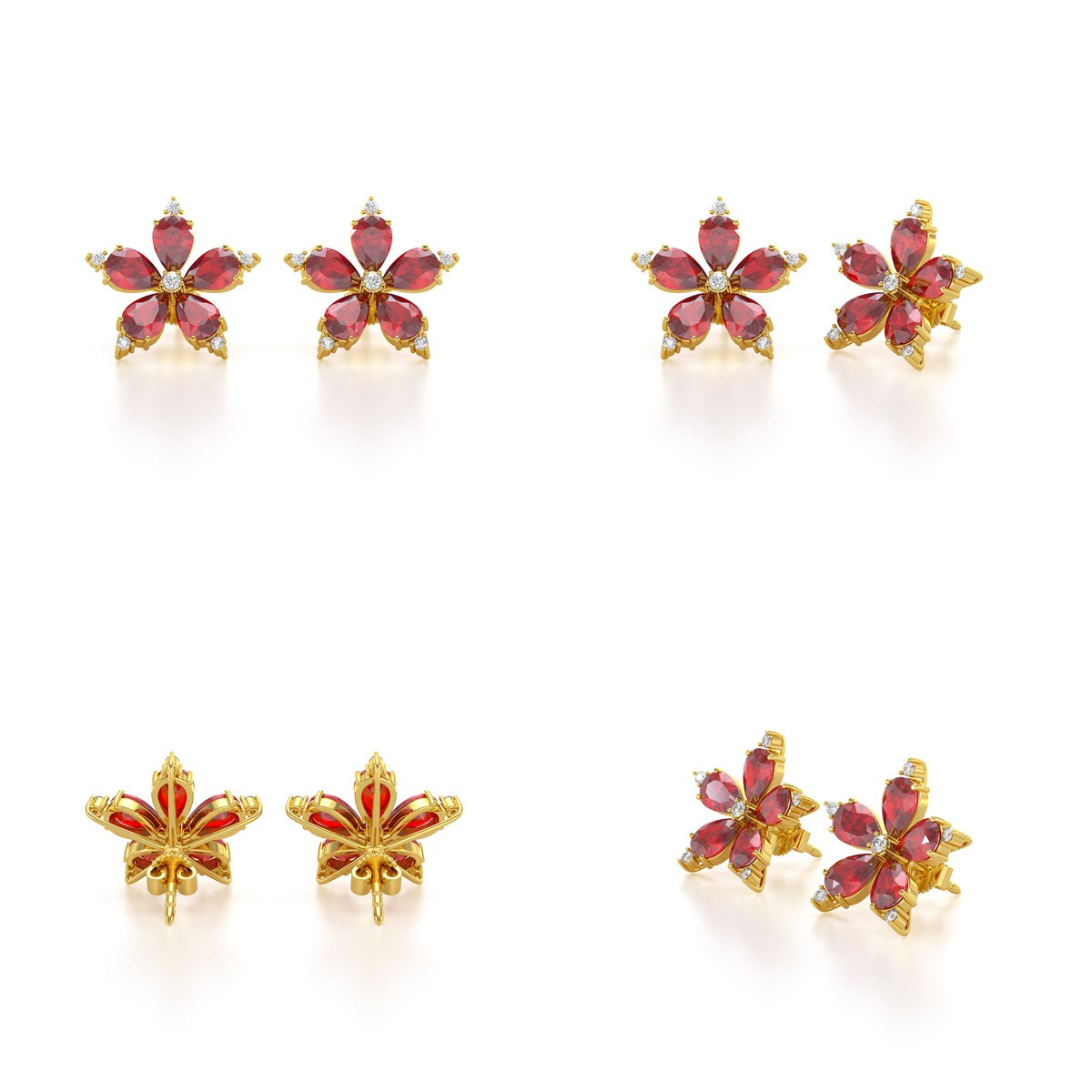 Boucles d'oreilles ADEN Or 585 Jaune Fleur Rubis et Diamants 4.52grs