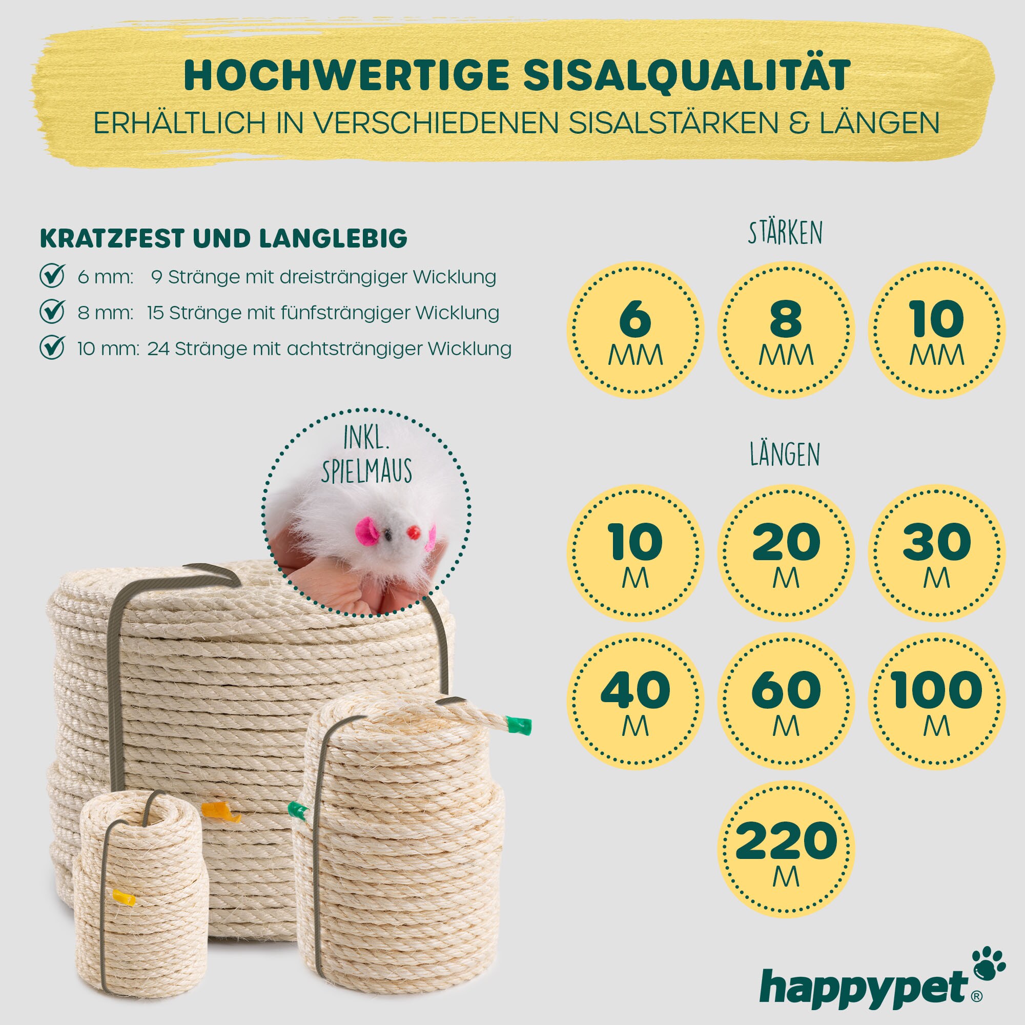 HAPPYPET Sisalseil für Kratzbaum - Universal DIY Sisalschnur Hanfseil Meterware, Zubehör Ersatzteile Kratzbäume Kratzseil, Krallenpflege für Katzen, Gratis Spielmaus | NATUR Ø 6 mm, 20 Meter