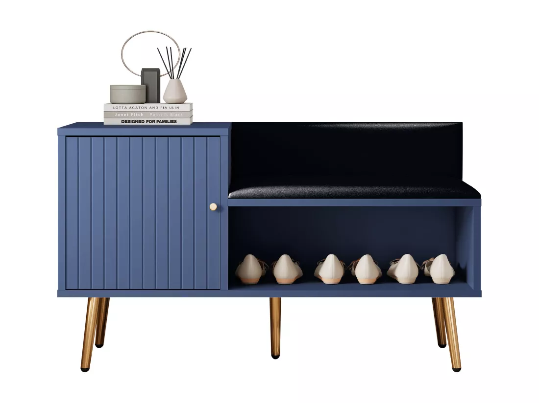 Banc à chaussures moderne avec une porte et coussin en cuir PU - pièds et poignées en métal - coloris bleu - 100 x 40 x 58 cm
