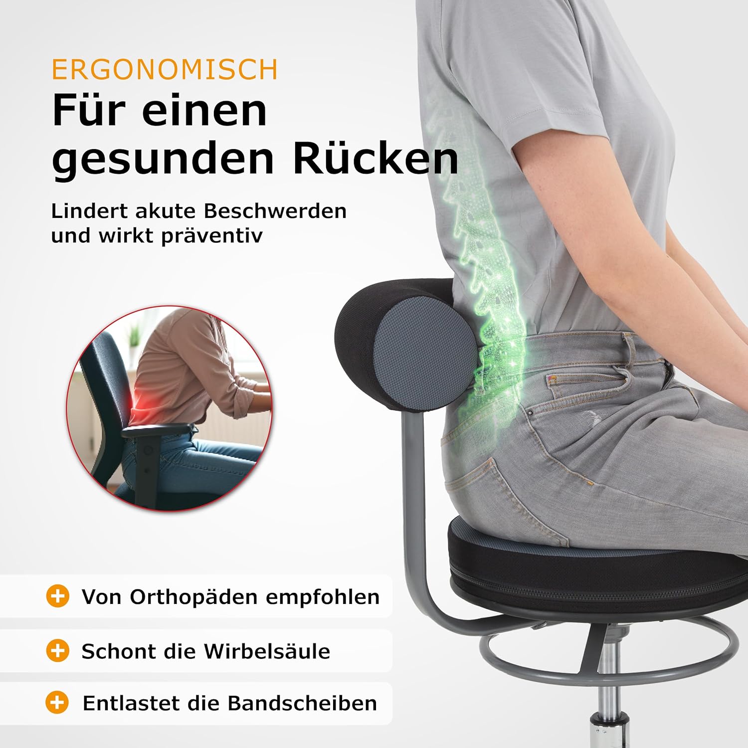 Sanus®-Gesundheitsstuhl | Rollhocker mit 360° Lehne, Fester Lehne, Sitzhöhe (42-51 cm), Stoffbezug rot/schwarz, Rollstopp-Rollen. Ergonomischer Bürostuhl, Erzieherstuhl
