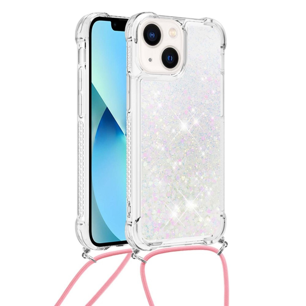 iPhone 14 Necklace Gummi Hülle Liquid Glitzer   Handykette (130cm) - Rosa / Silber