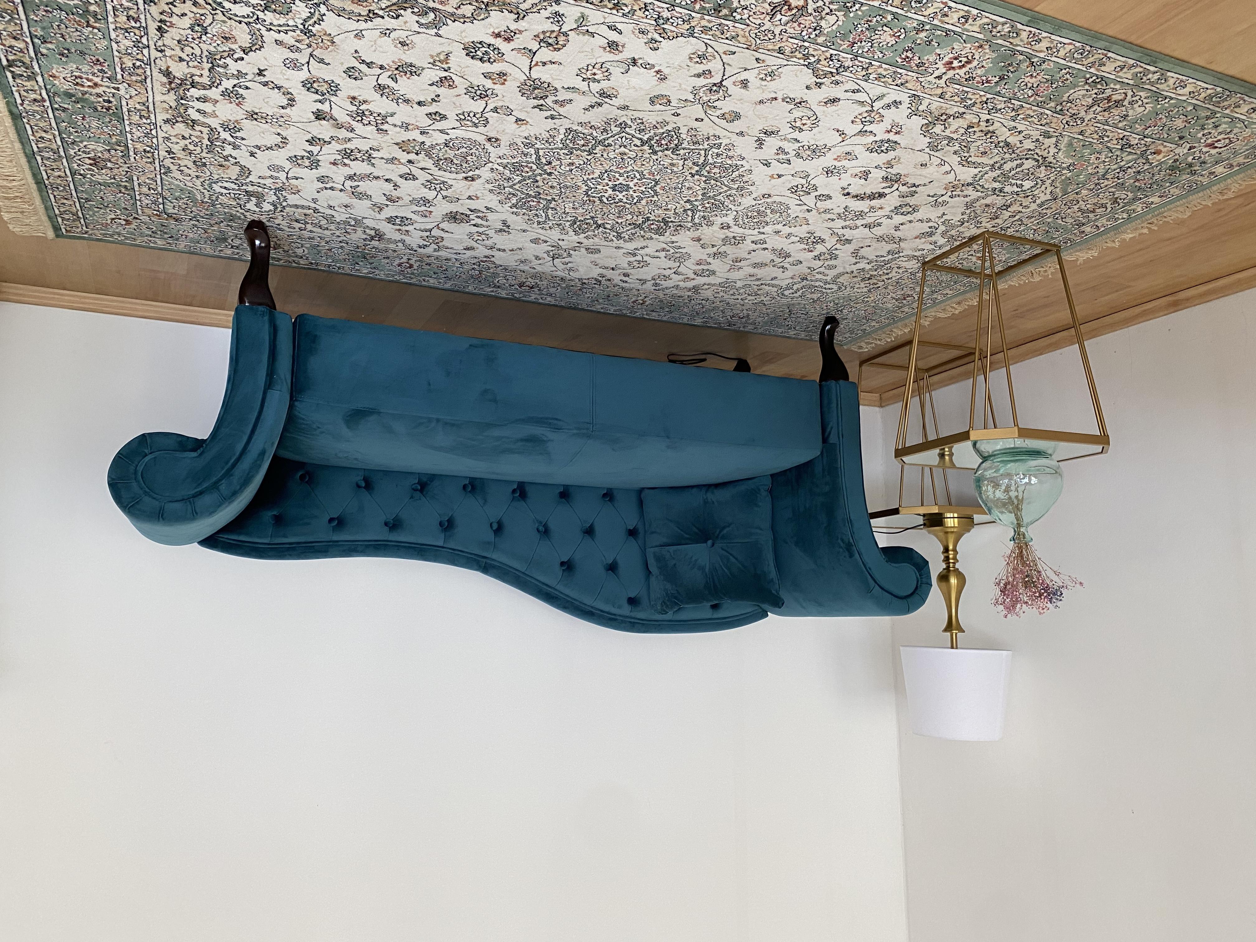 Linkszijdige chaise longue LATTES Fluweel Groenblauw