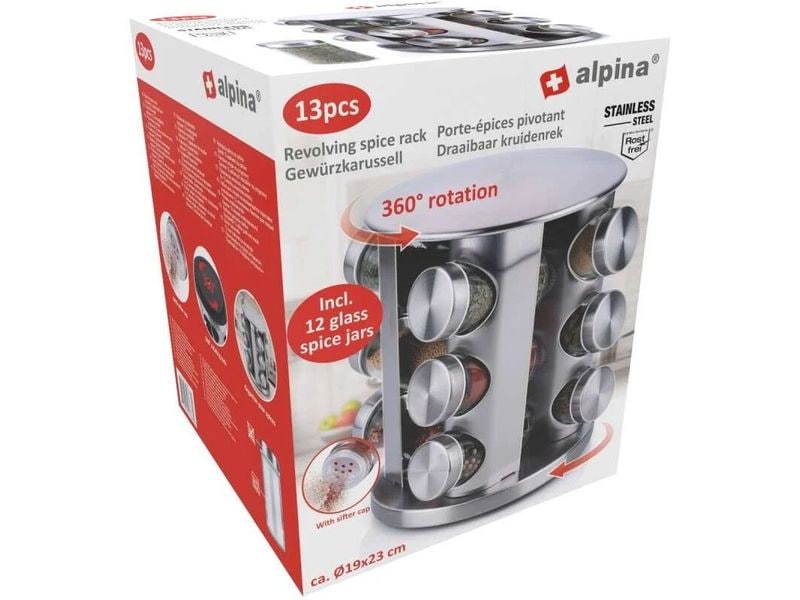 alpina Drehbares Gewürzregal 12-teilig, Silber Das Gewürzregal aus Edelstahl mit 12 Gläsern