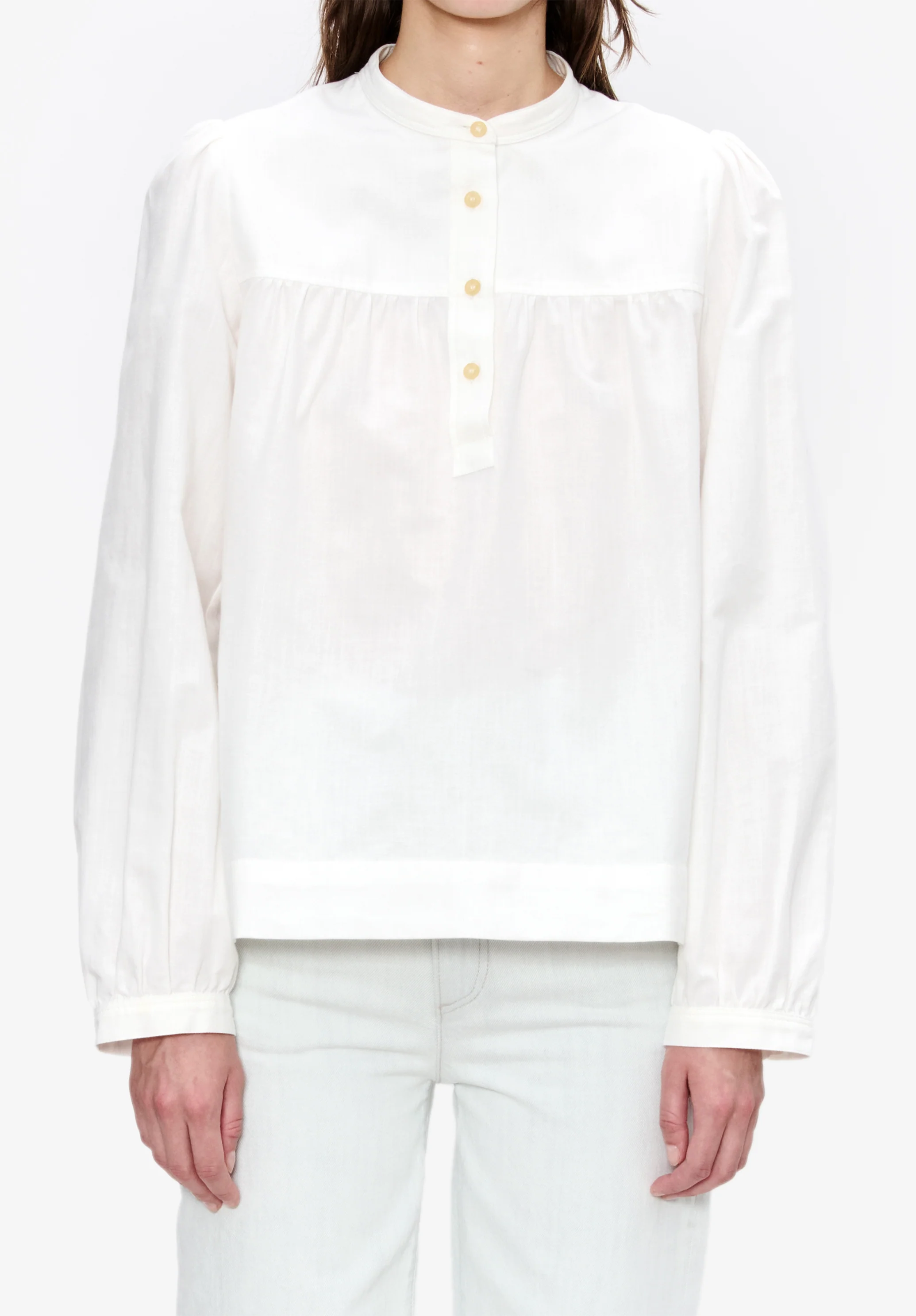 Chemise blanche blousée à col officier - Blanc