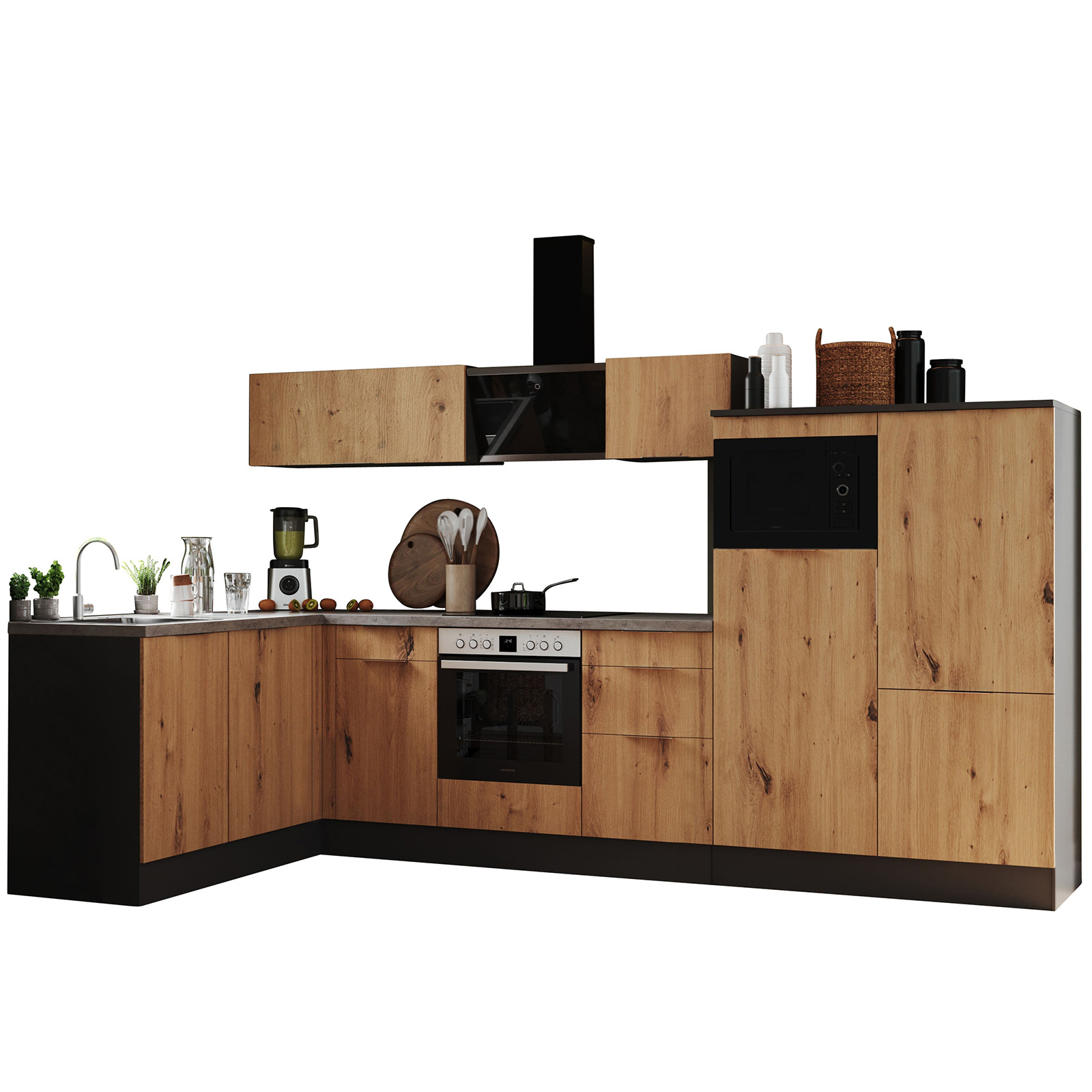 RESPEKTA Winkelküche - Artisan Eiche - grau matt - mit E-Geräten - 340x175 cm