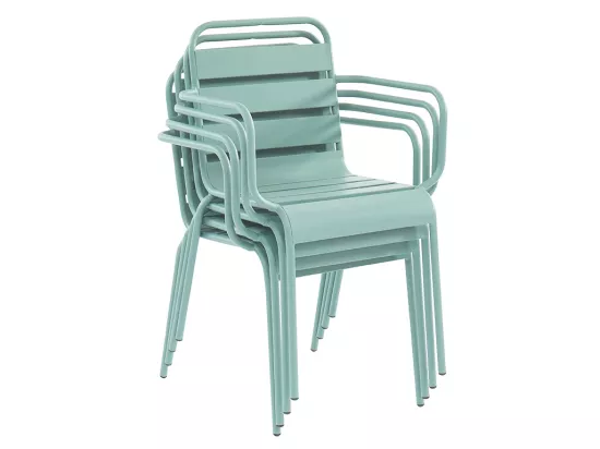 Salle à manger de jardin en métal - une table D.110 cm et 4 fauteuils empilables - Vert amande - MIRMANDE de MYLIA