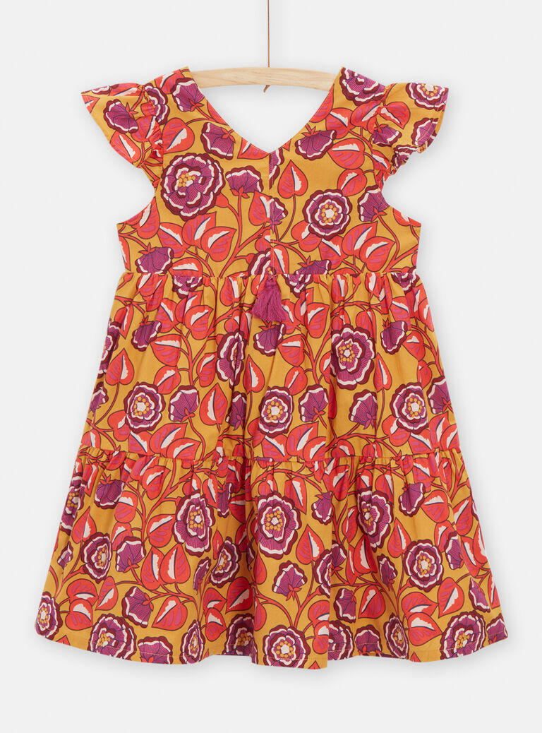 Robe jaune motif fleurs violettes pour fille