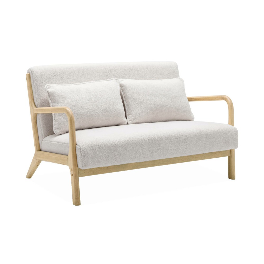 Banquette 2 places + fauteuil en bois et tissu bouclette
