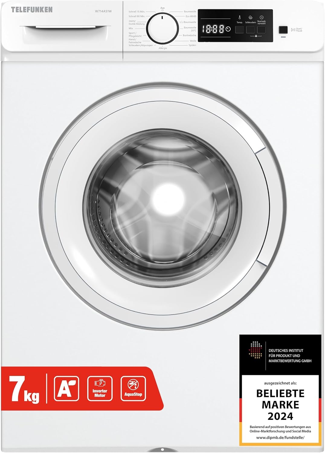 Telefunken Waschmaschine 7kg | Frontlader 1400 U/Min. | Energieklasse A | Inverter Motor | AquaStop | Schontrommel | 15 Programme | Startzeitvorwahl | Kindersicherung | LED-Display | W714AS1W weiß