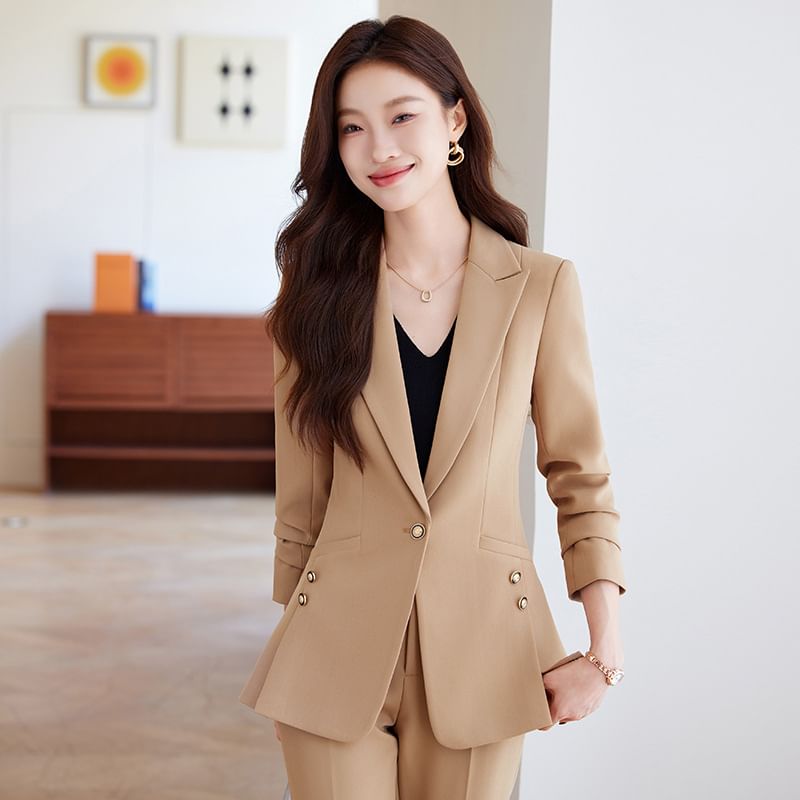 Princess Min - Blazer met inkeping, revers, effen split en enkele rij knopen / Broek met hoge taille en wijde pijpen