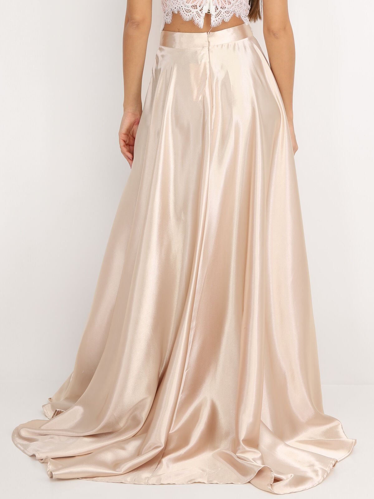 Jupe longue taille haute effet satiné- Beige