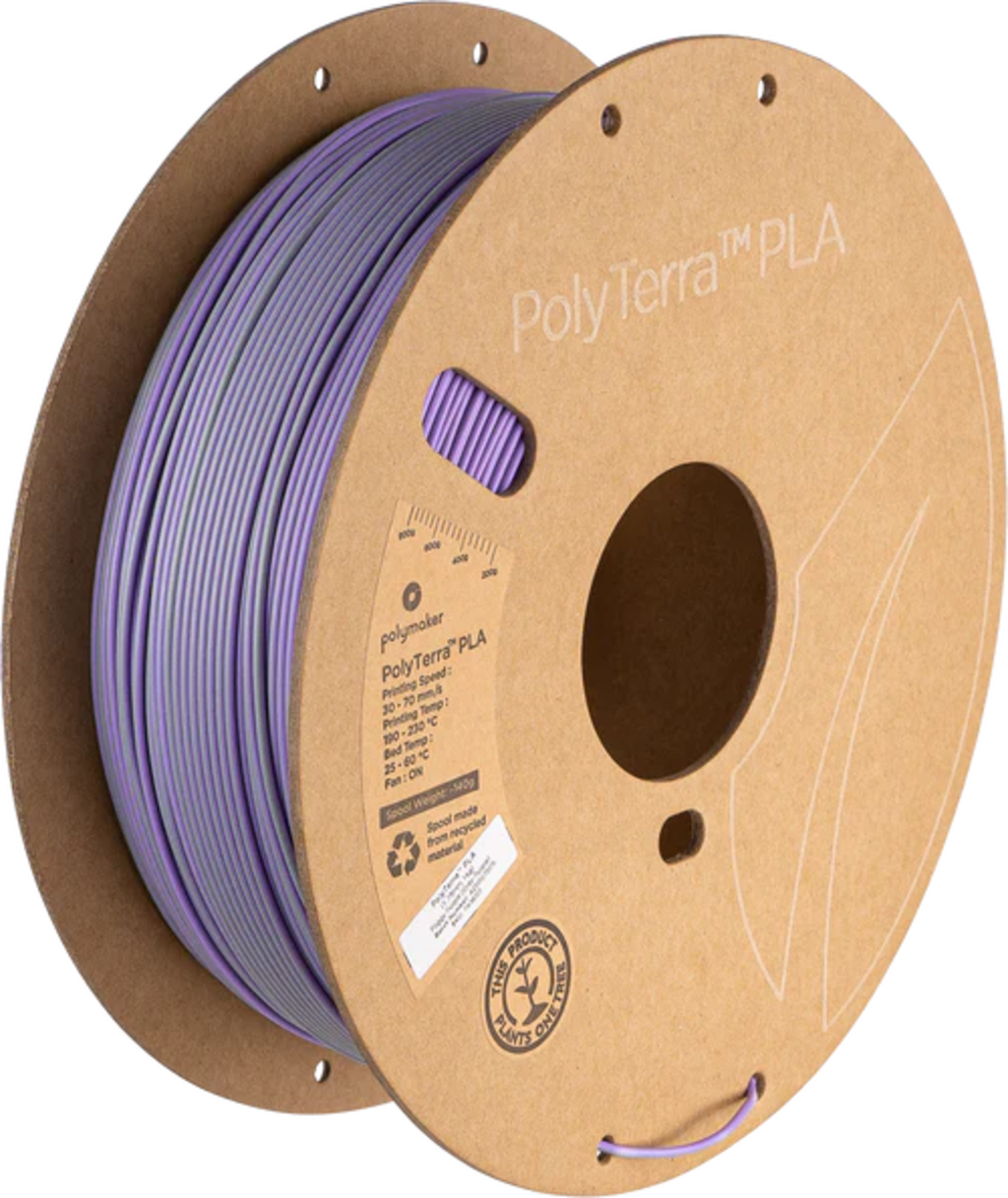 Polymaker  PolyTerra PLA Dual Foggy Purple Grey-Purple, 1,75 mm / 1000 g    Umweltfreundliches, zweifarbiges PLA-Filament mit mattem Finish