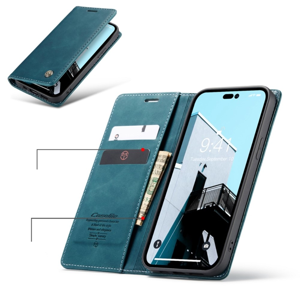 iPhone 14 Pro Max Leder Tasche Flip Wallet Etui mit Kartenfächern - Blaugrün