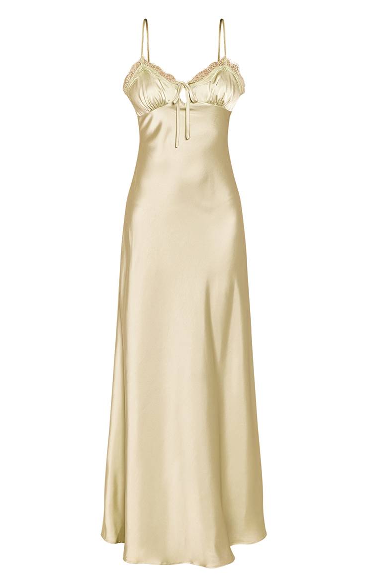 Pale Lime Robe Longue En Satin Avec Détail De Dentelle Et Nœud Sur Le Devant