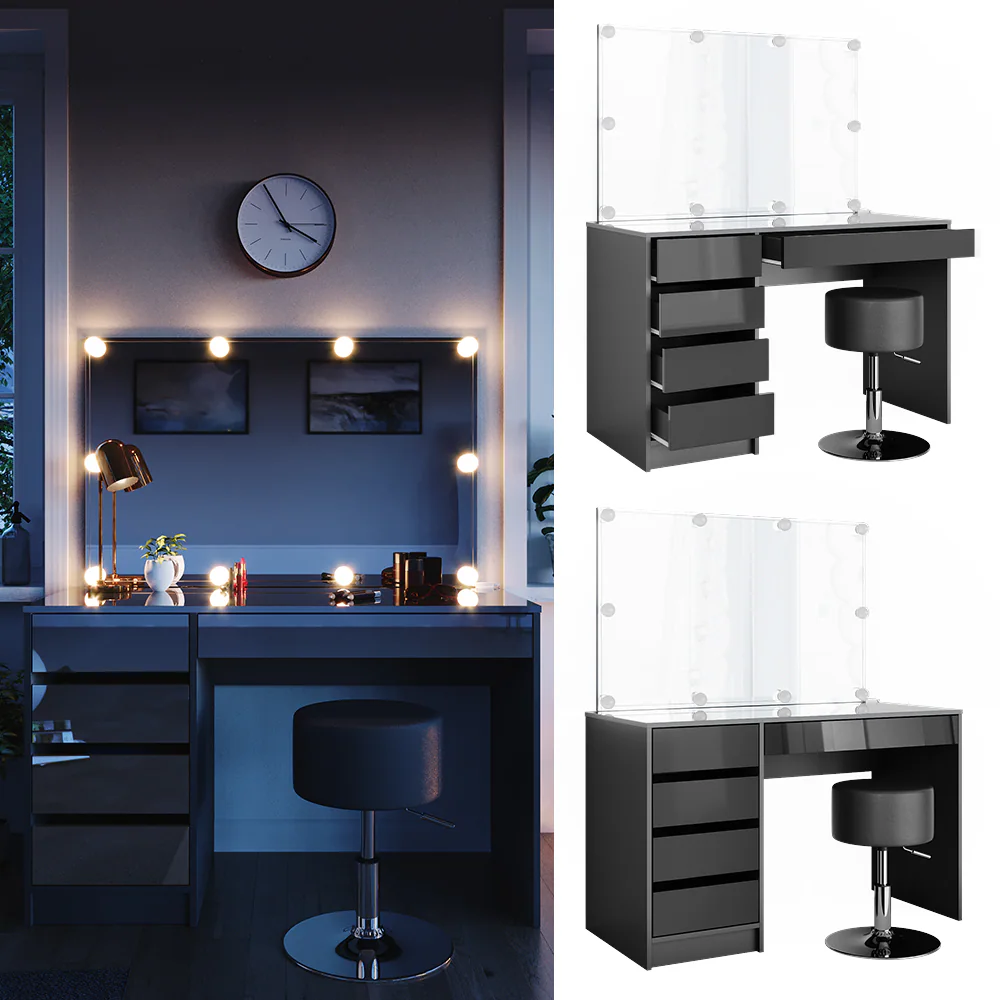 VICCO Schminktisch Sherry Anthrazit Hochglanz Frisiertisch LED Spiegel Hocker