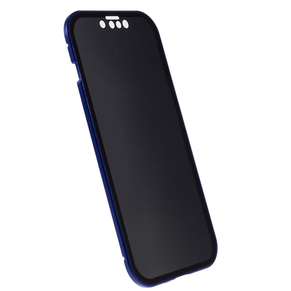 iPhone 14 Magnetische Alu Schutzhülle mit Panzer Glas Backcover   Privacy Glas Displayschutz (Magnet-Technologie) - Dunkelblau