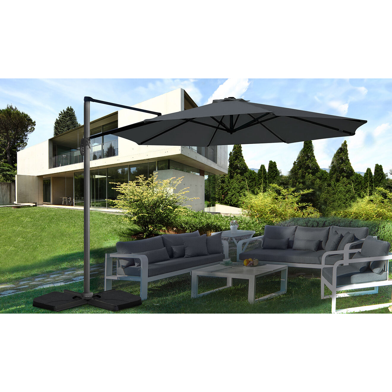 Inkazen Parasol 360° rond avec housse gris - 300x300x255 cm