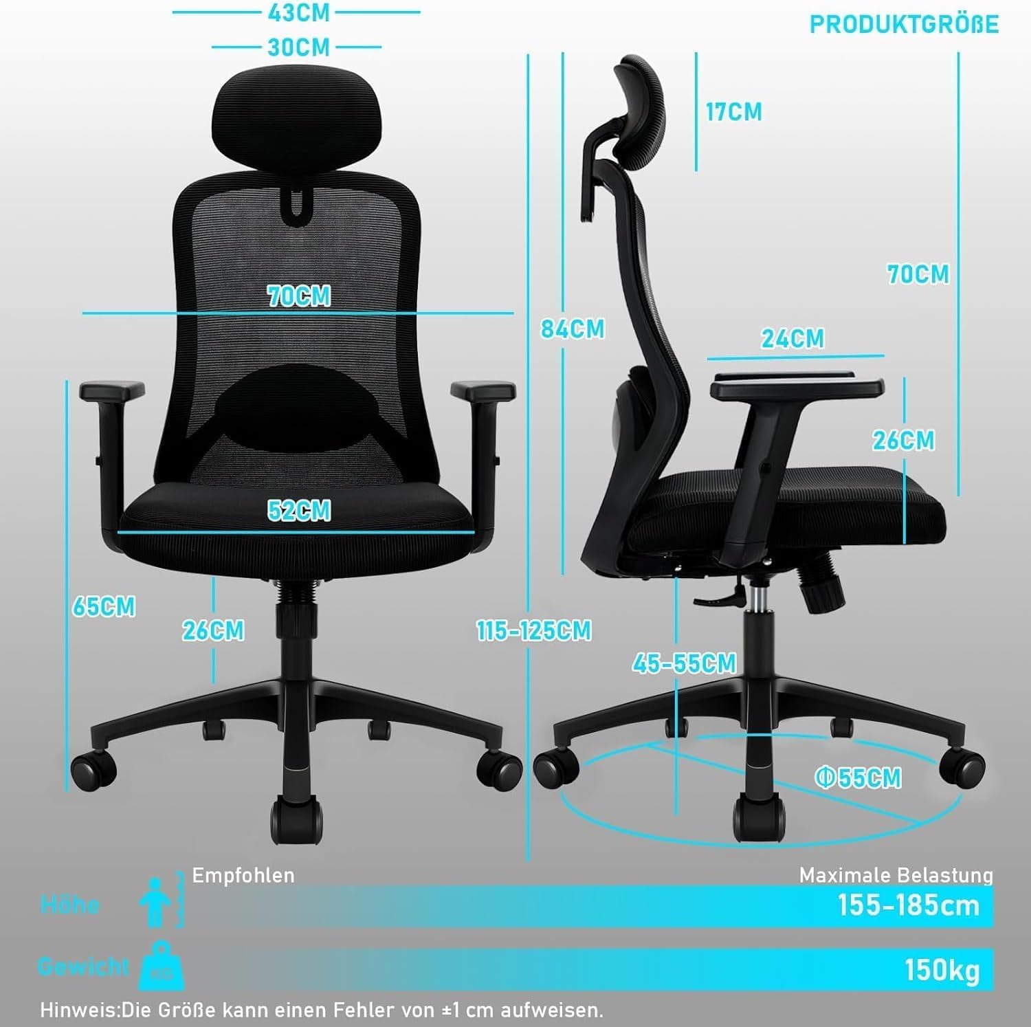 Bürostuhl, Ergonomischer Bürostuhl mit Verstellbarer 4D Lendenwirbelstütze, Schreibtischstuhl mit Kopfstütze, Drehstuhl mit 90°-130° Liegefunktion (Abschließbar), Netzstuhl bis 150KG, Schwarz