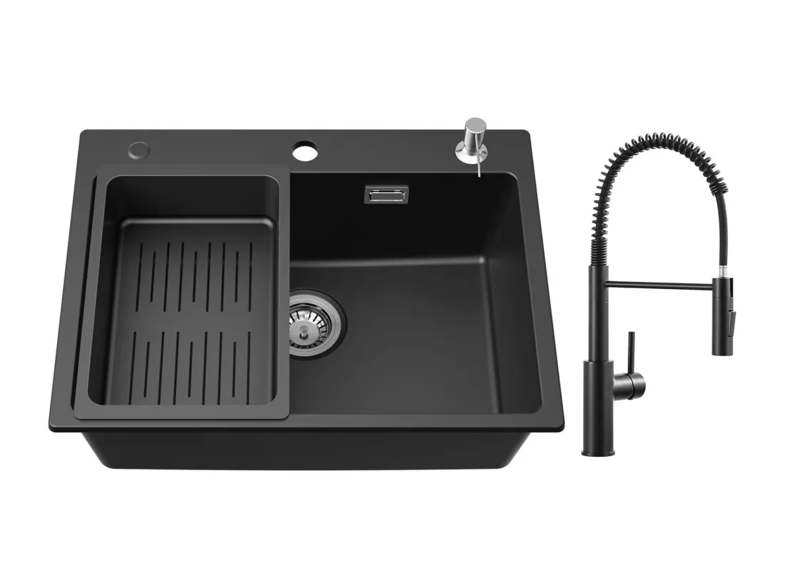 Cecipa max Evier en Quartz et Résine 60*45cm, avec Panier de Vidange et Distributeur de Savon + Mitigeur à Ressort Noir avec Douchette Extractible
