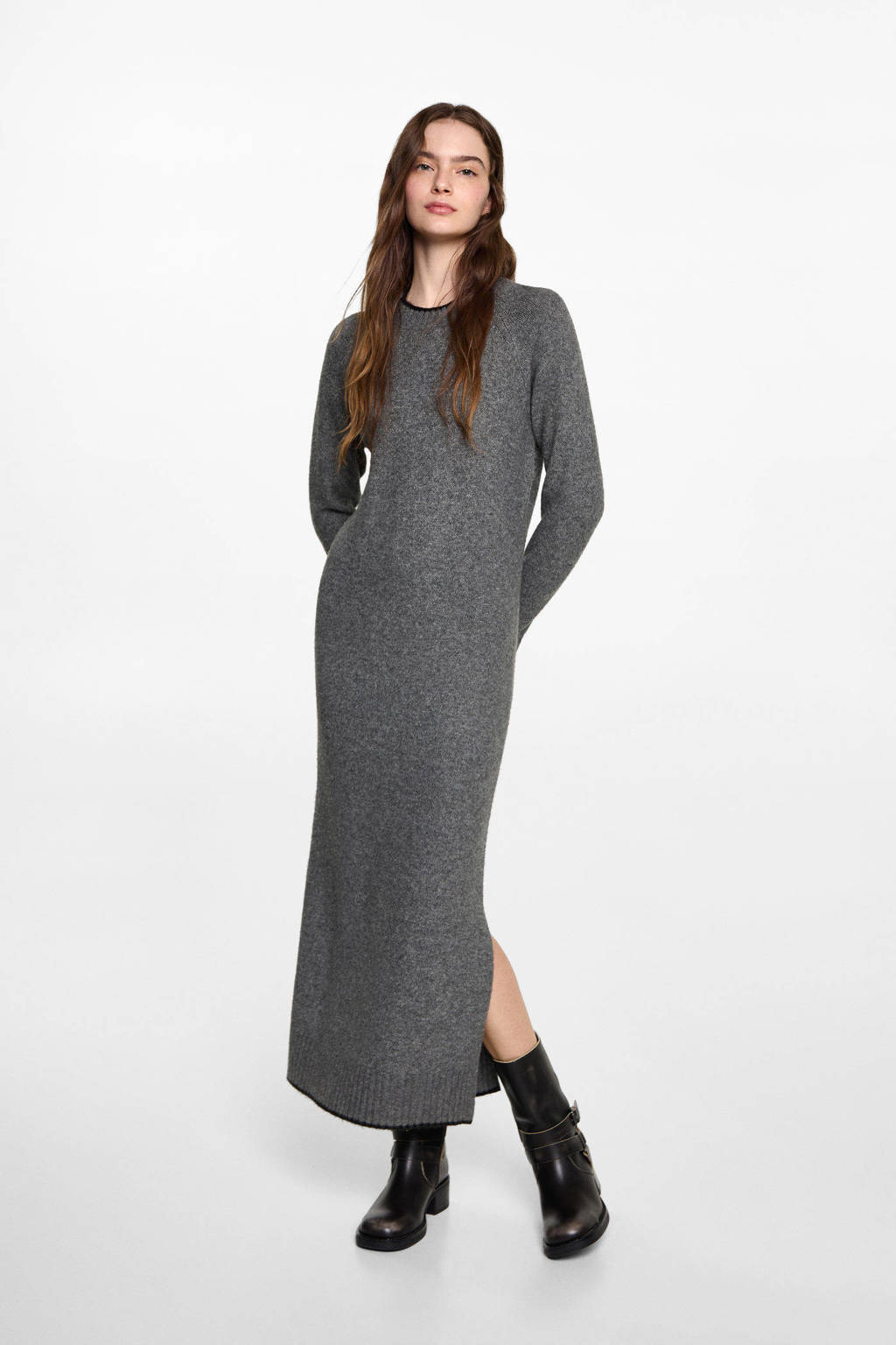 MANGO TEEN maxi jurk grof gebreid grijs