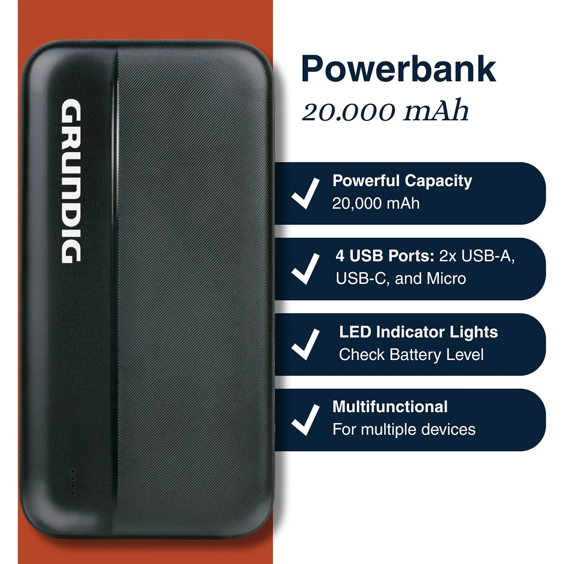 GRUNDIG Powerbank 20000mh 2 xUSB-A, USB-C, USB-Micro