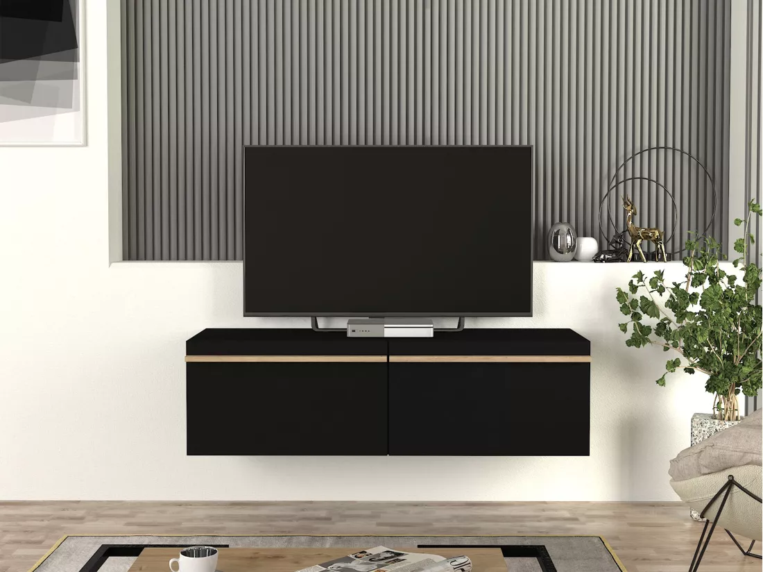 Meuble TV suspendu avec 2 portes - Noir - MIELONA