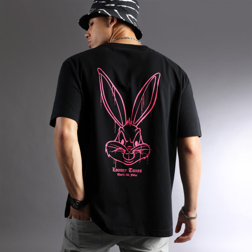 Tee Shirt Oversize Large Angry Bugs Bunny Noir Rose Fluo