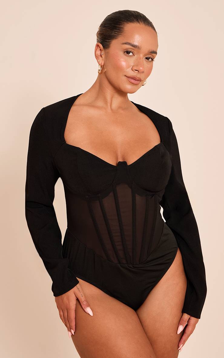 Noir Body Corset Moulant À Manches Longues En Mesh