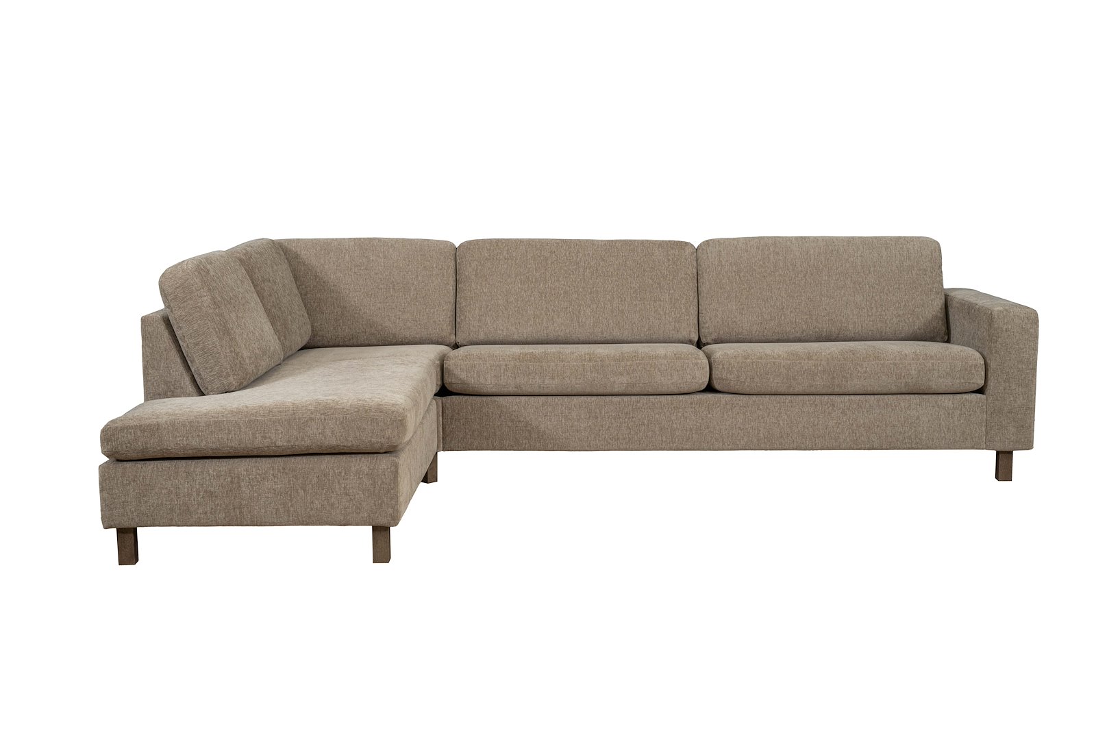 Ellinor hjørnesofa Oppsett SV. 3,5-seter med åpen ende venstre. Tekstil Paloma 1/24 Brown Grey. Arm 1, Duo puter, Firkantet ben 12 cm Mocca