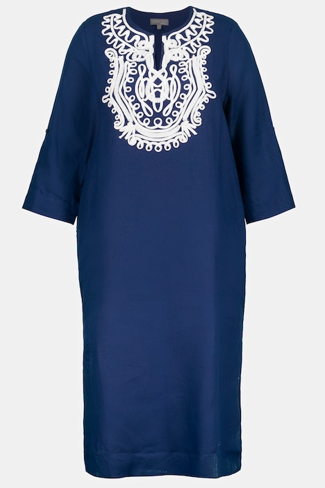 Leinenkleid, Stickerei, Tunika-Ausschnitt, 3/4-Arm