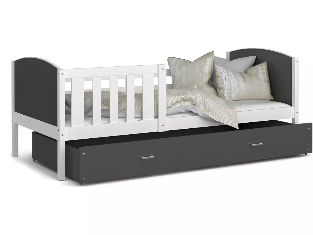Lit Enfant Tami 90x190 ( Sans Matelas ) Blanc - gris Livré avec le sommiers et tiroir.